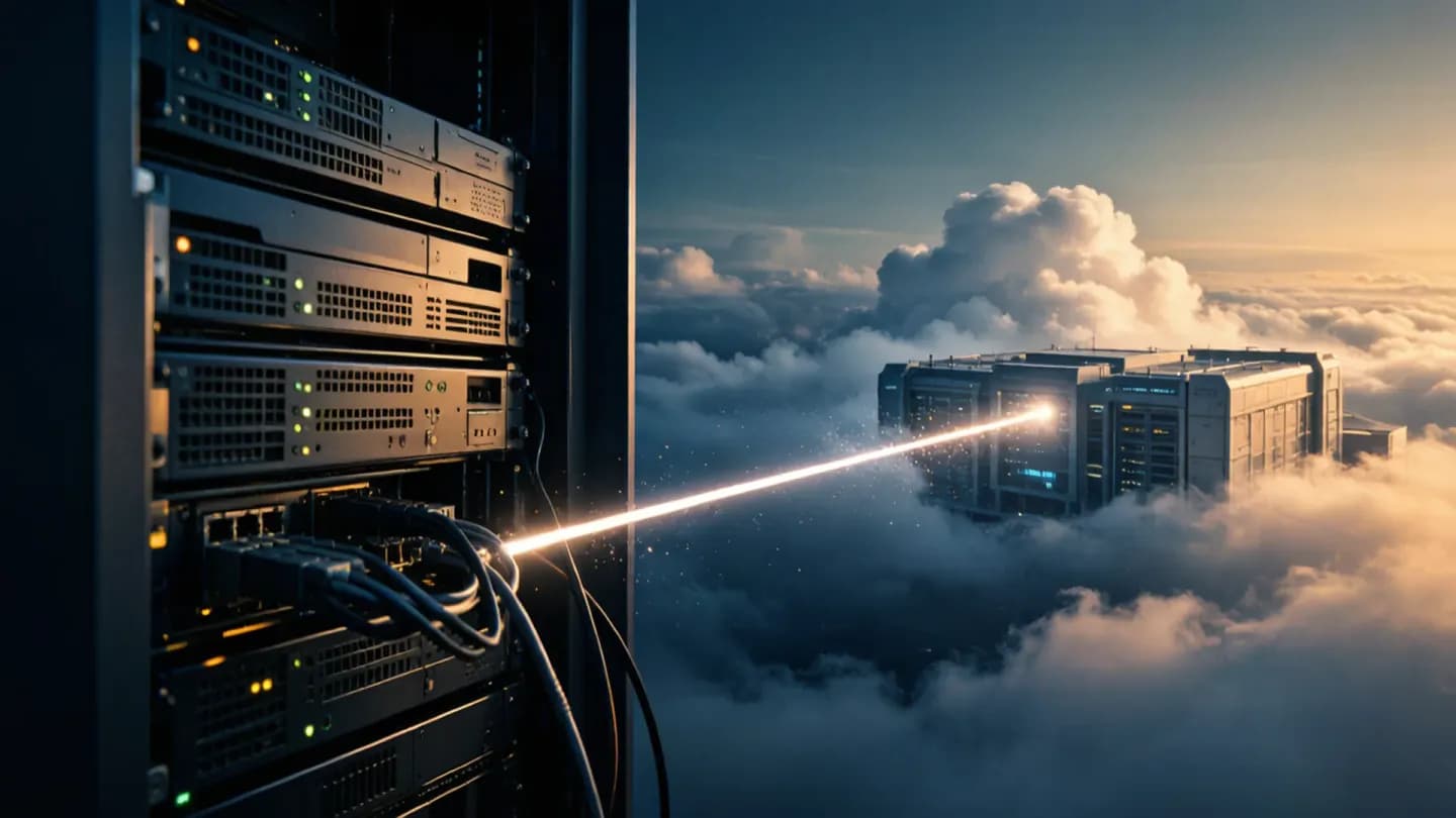 Illustration contrasting an on-premise server rack with a remote cloud data centre linked by a single light path