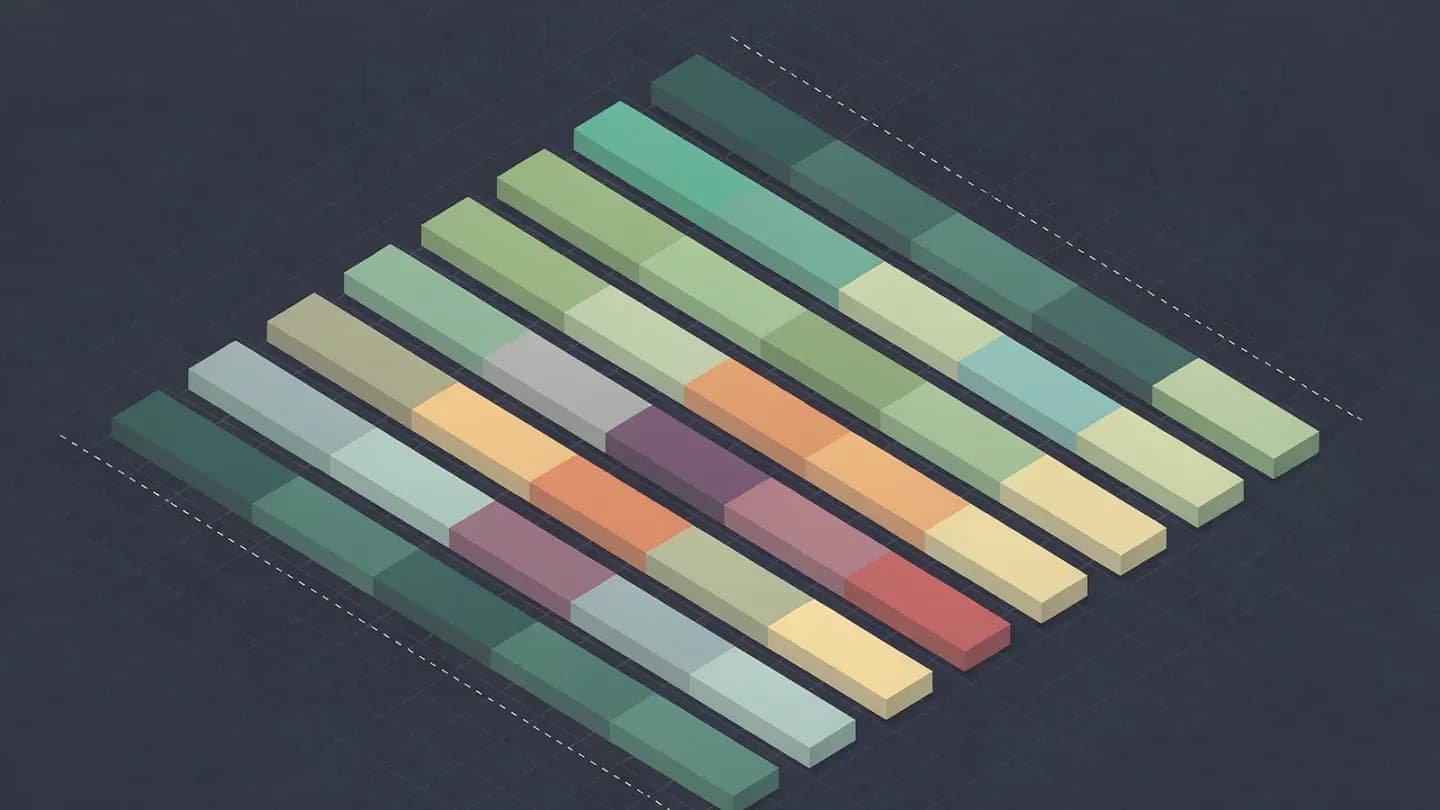 An isometric grid of blank coloured blocks arranged in seven rows, showing a weekly live broadcast schedule with handoff lines between blocks