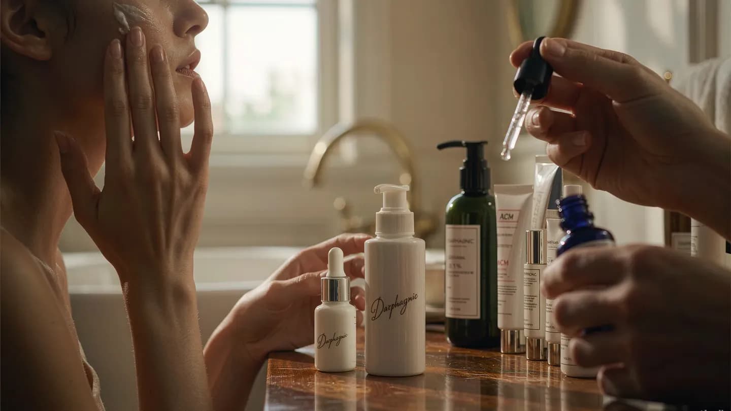 Hand applying a skincare product on a sunlit counter in a premium brand film style