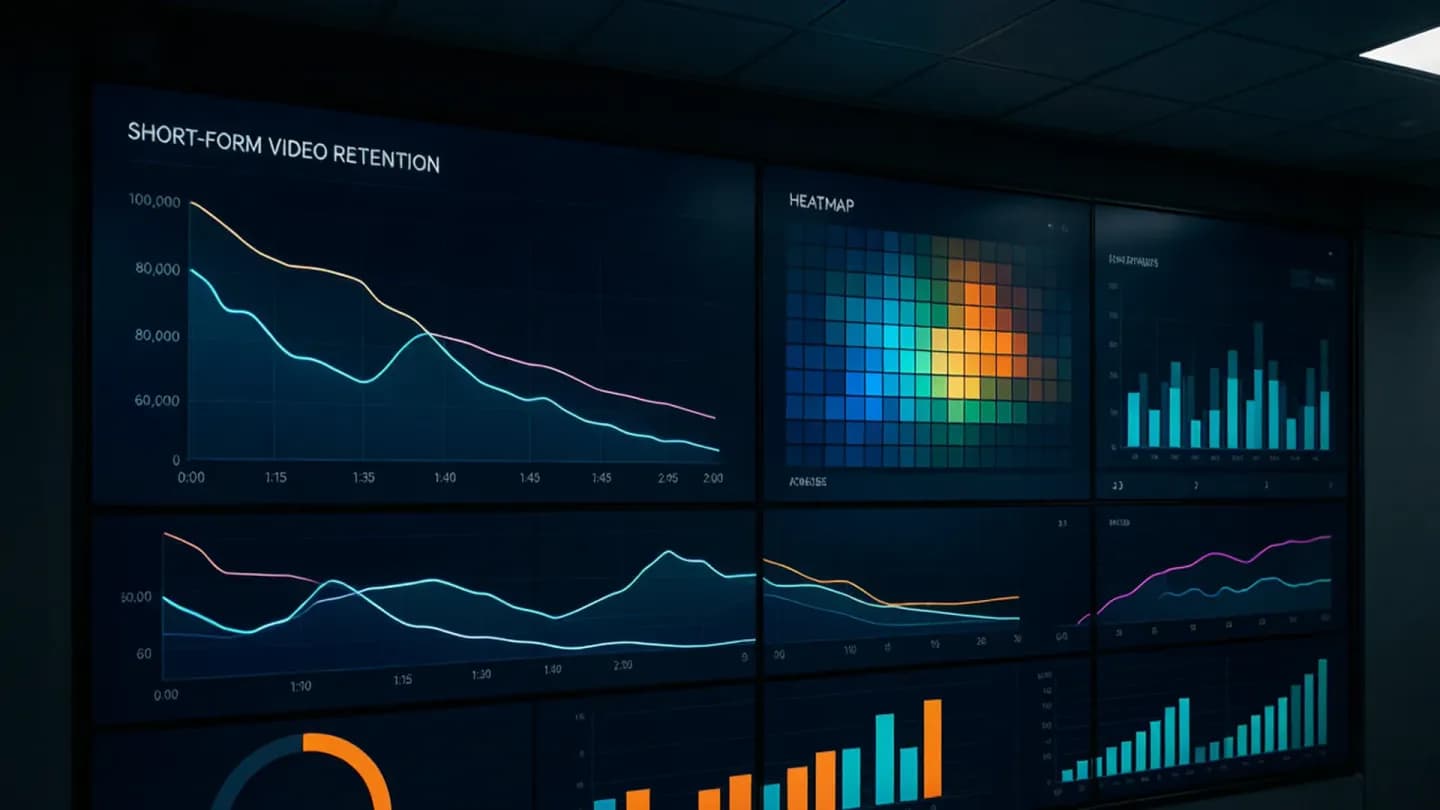 A dark control-room wall displaying glowing retention graphs for short-form video