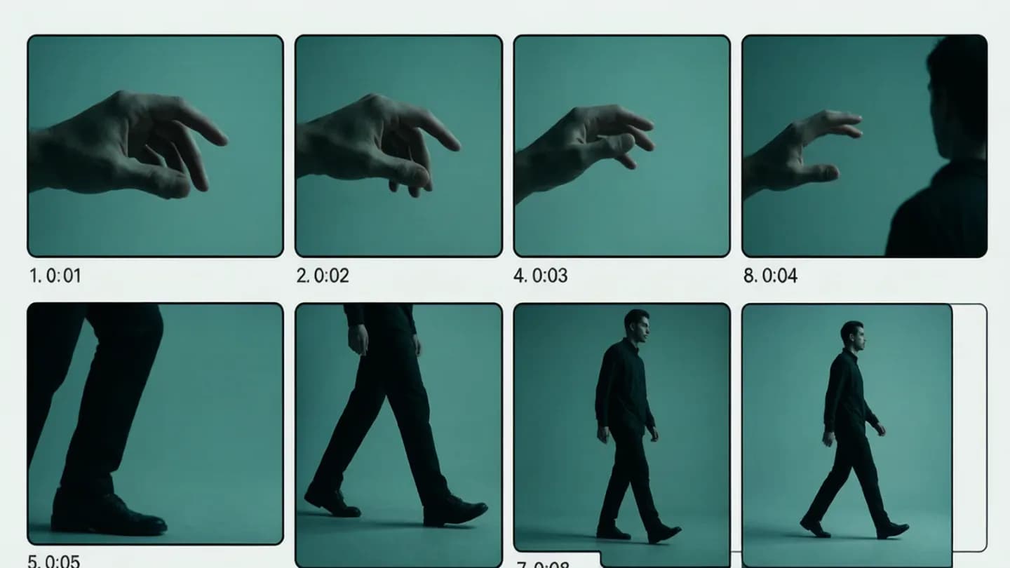 Numbered shot list storyboard building a single coherent AI-generated scene