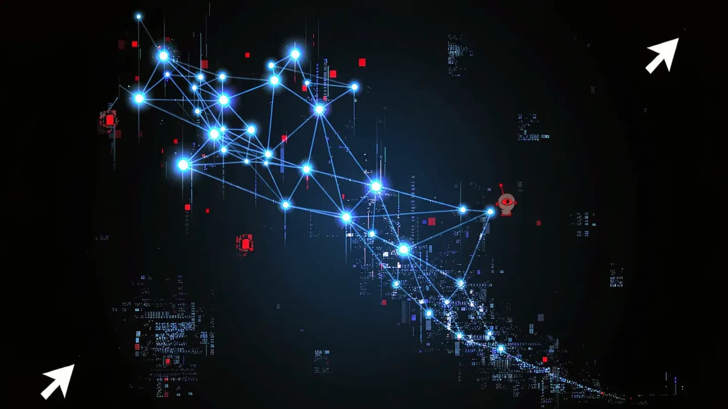 Network of connections fraying into noise with bot and human icons