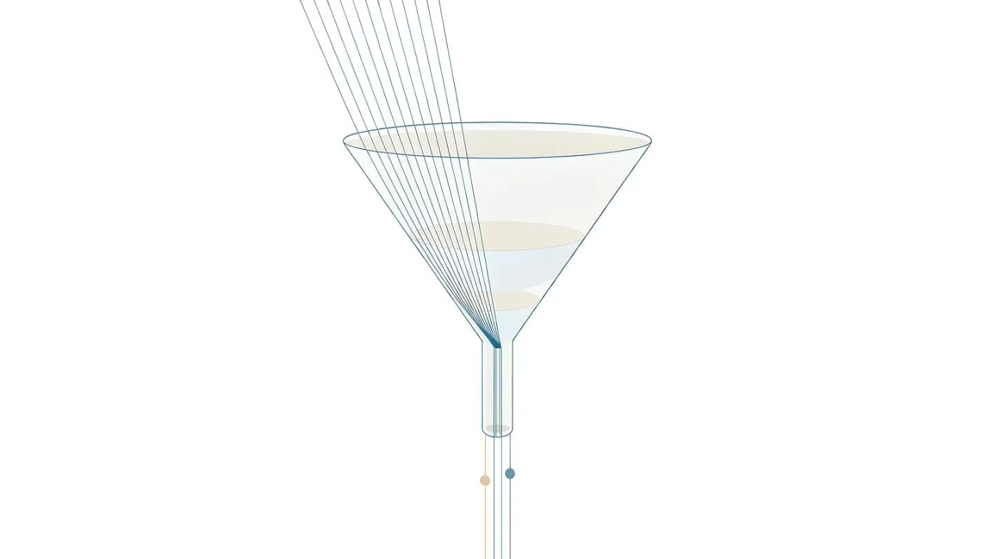 Diagram of a narrowing funnel in which many input lines enter from the top and only three continue through the outlet