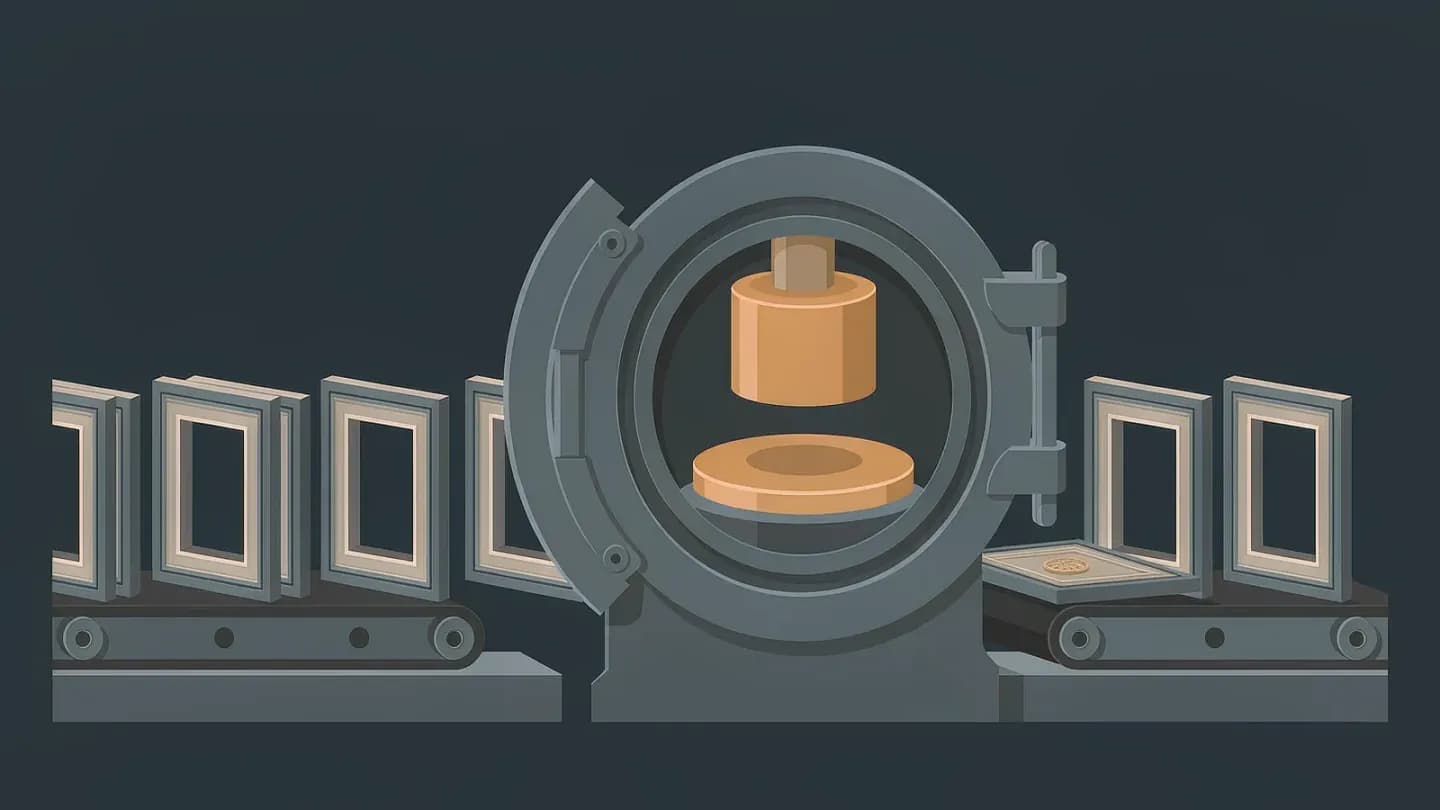 Flat vector infographic of unmarked frames travelling along a belt into a circular embossing press and emerging with a small embossed seal