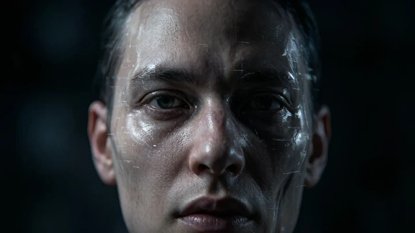 A single AI-generated face frame caught mid-morph with digital artifacts.