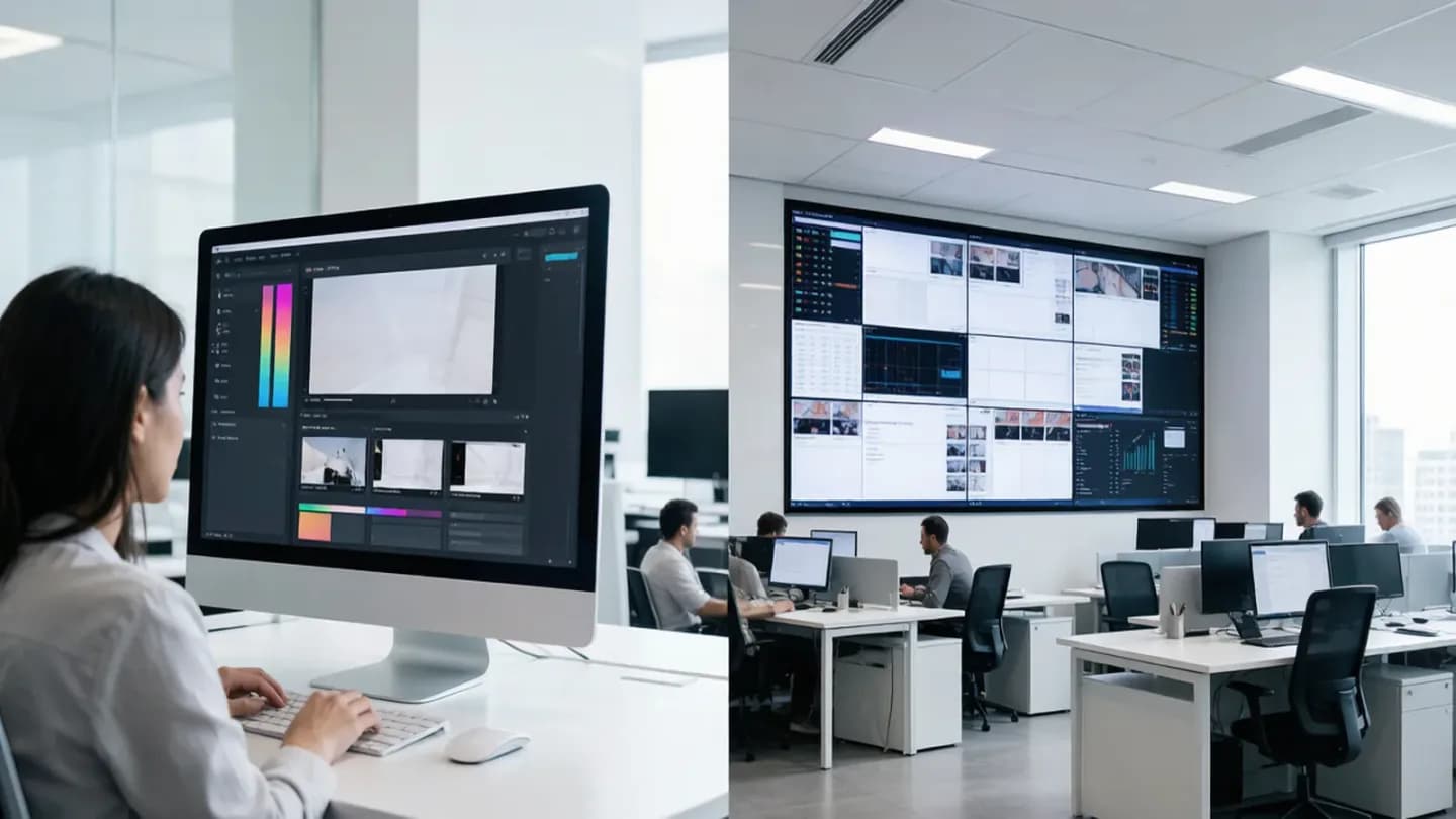 A split view of a small team testing creative variants and a large desk discovering inventory with AI.