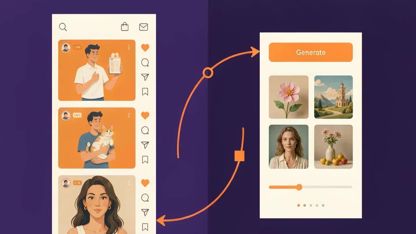 A split screen connecting a social commerce feed with an AI video generation panel via data arrows