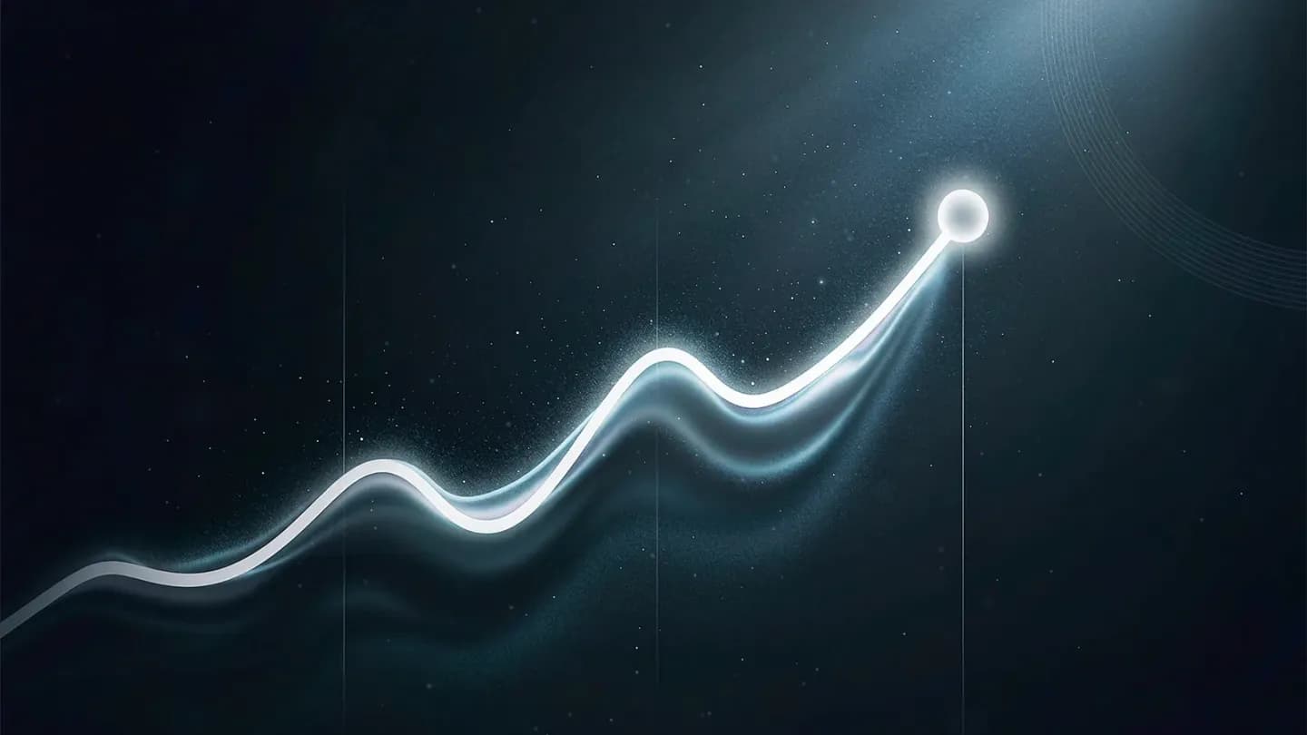 Abstract ascending line chart crossing a 2026 threshold on a dark navy background
