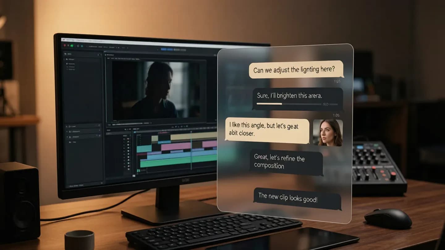 A video editor's desk with a conversational editing panel listing revision instructions beside a generated brand clip