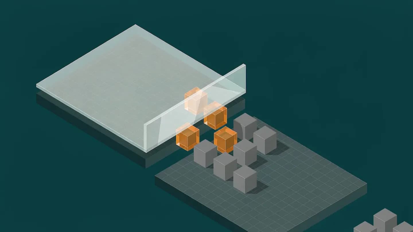 An isometric translucent gate filtering a funnel of grey blocks so that only a few amber blocks pass through