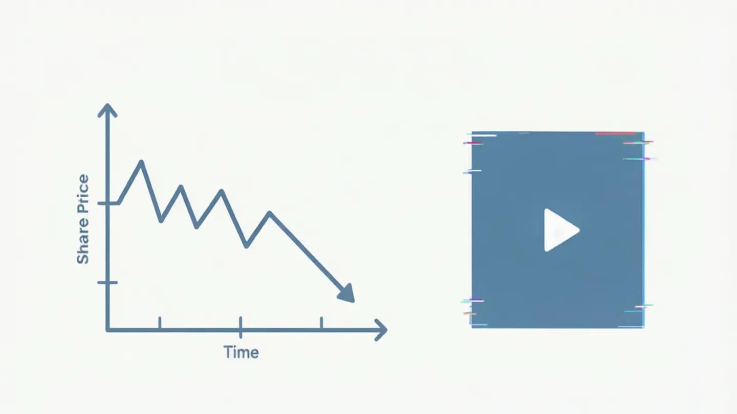 A falling stock chart beside a small AI-generated video thumbnail