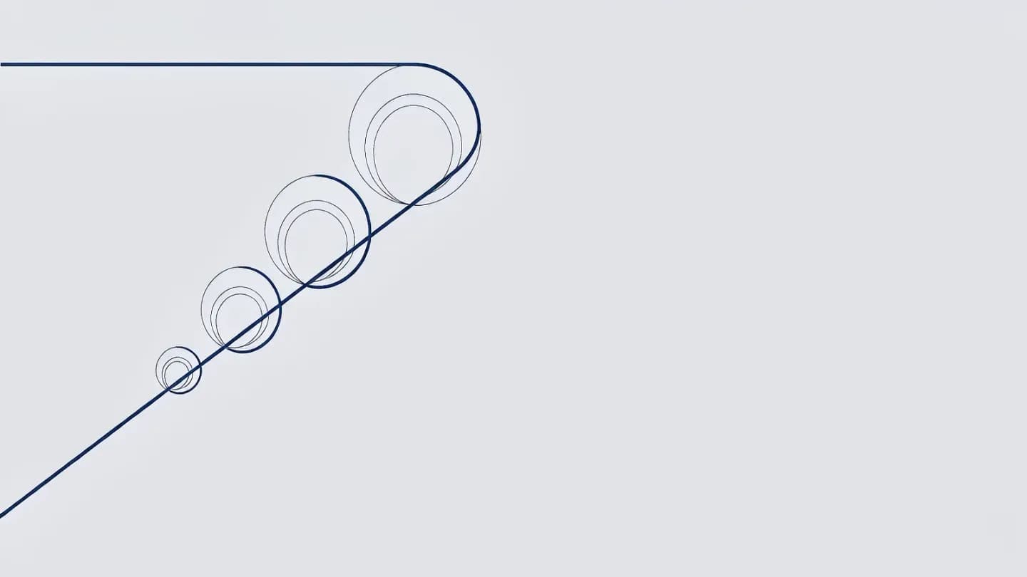 An abstract diagram of four differently sized circular seats positioned along a curved production path in navy on light grey.
