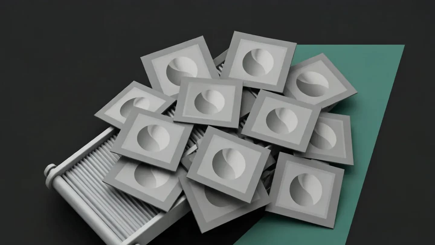A conveyor belt overflowing with identical grey AI-generated social ad thumbnails