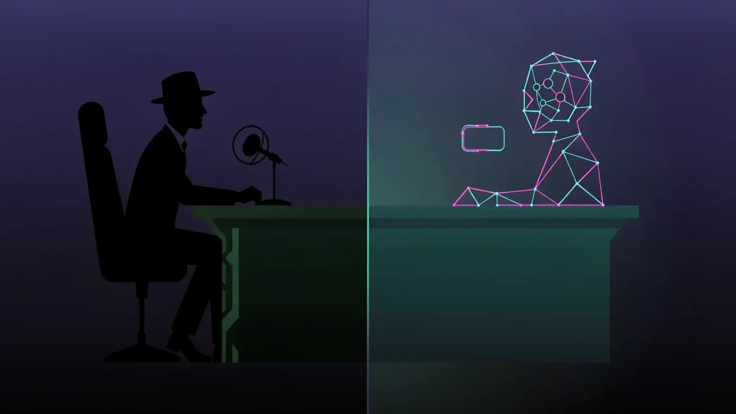 A studio desk split between a human host silhouette and a glowing wireframe synthetic figure, with a blank badge shape marking the synthetic side
