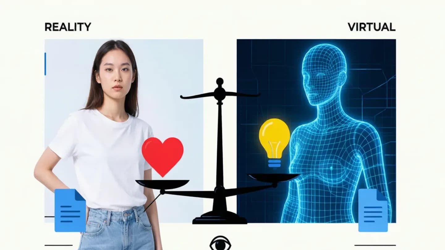Real human influencer contrasted with a synthetic AI avatar on a truth scale