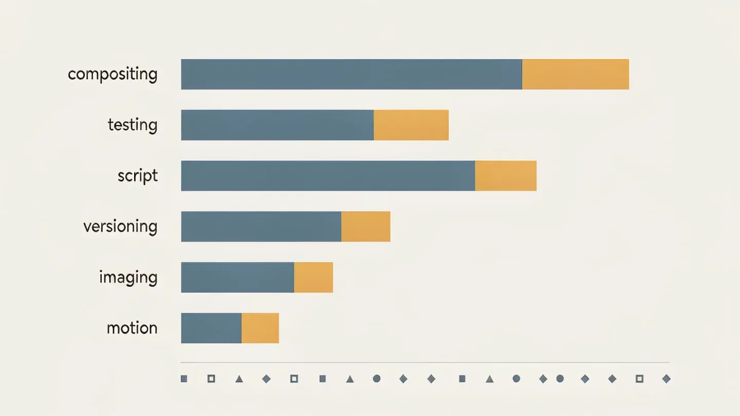 A ranked bar chart of six production tasks with abstract icons, in slate blue and amber on an off-white background.