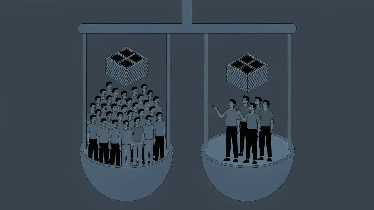 Diagram comparing a large team and a small team producing equal stacks of video frames