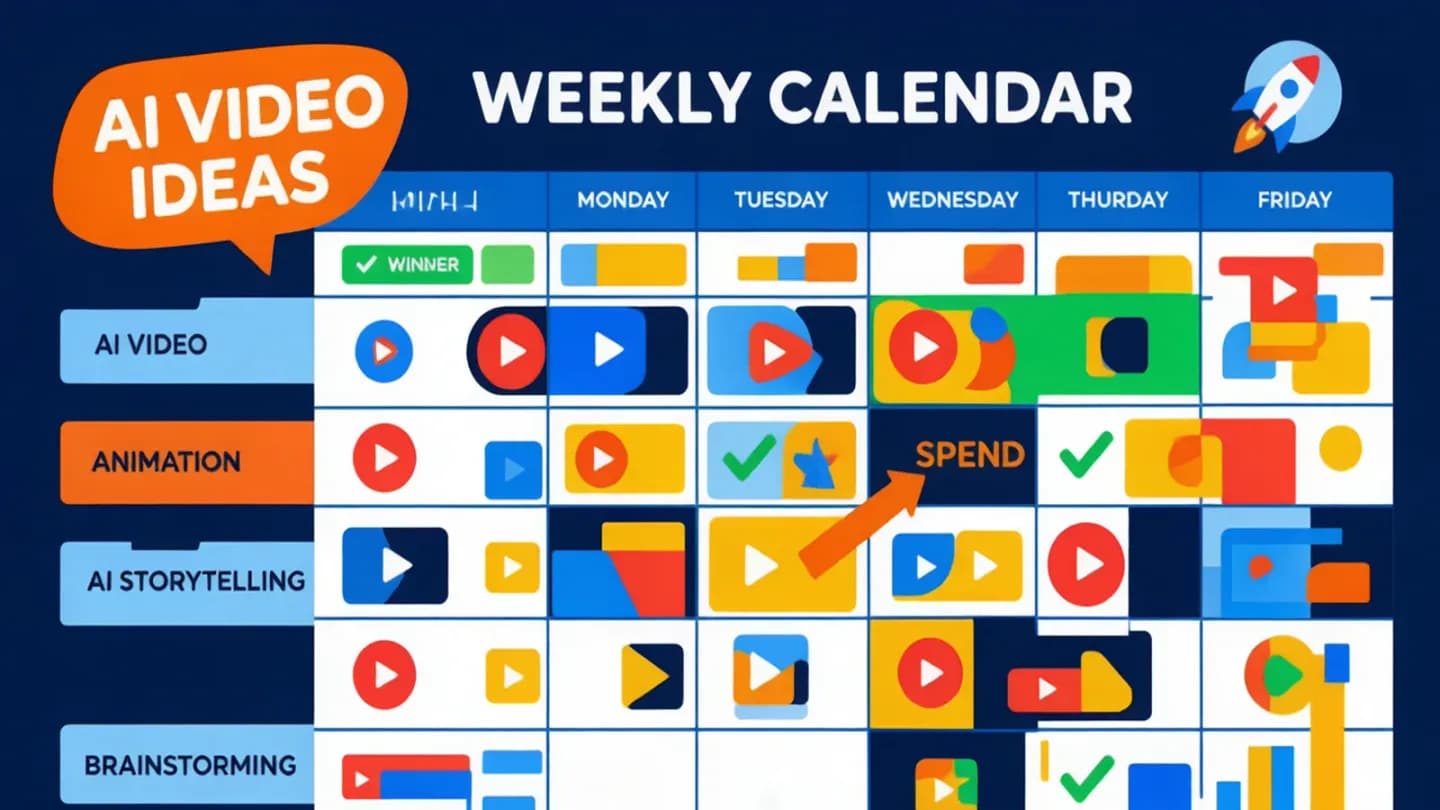 A weekly planning board covered in AI video creative concepts, a handful flagged green as winners with arrows toward budget.