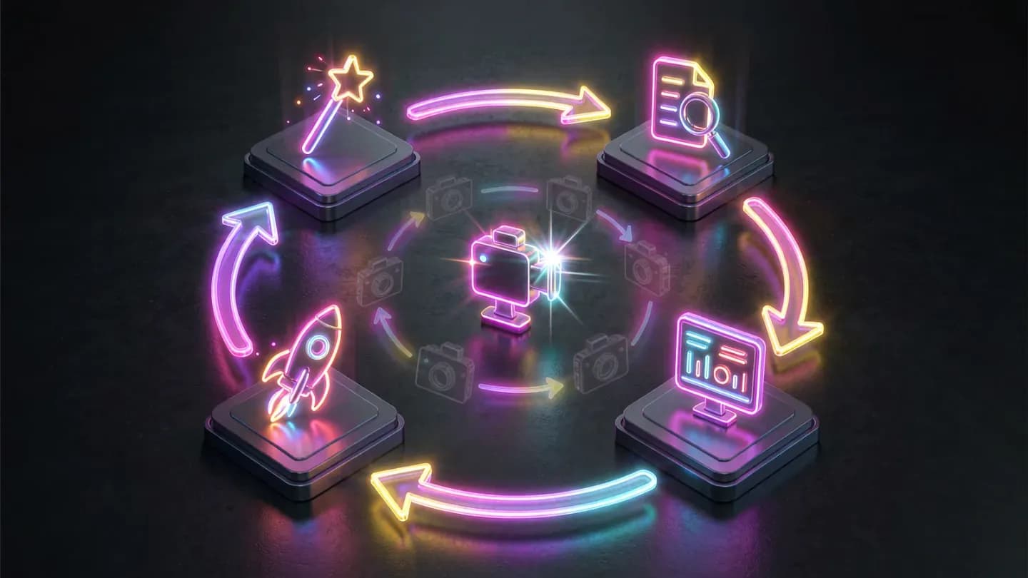 A circular AI video testing loop connecting generation, delivery, and measurement