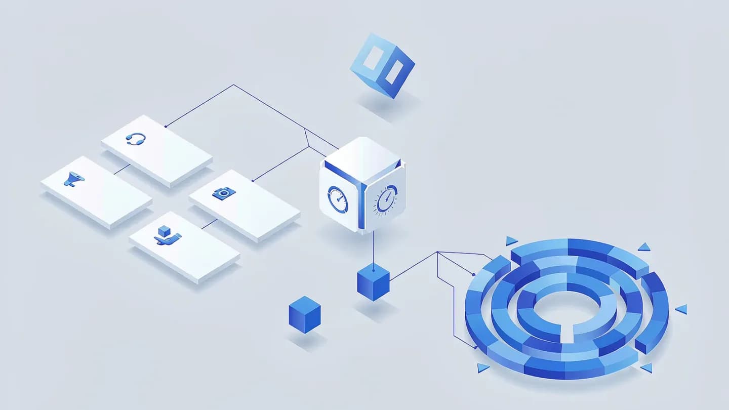 An isometric diagram of a creative testing pipeline with variant cards feeding a performance chart.