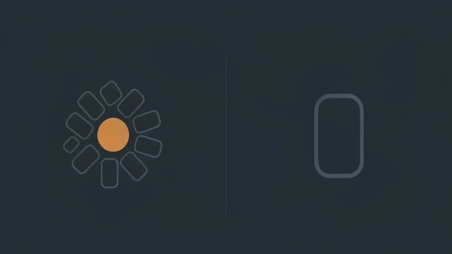 Flat schematic on a dark navy background split by a divider: many small varied frames crowding a central amber circle on the left, a single empty frame standing alone on the right.