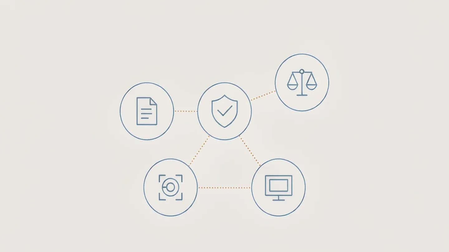 Flat vector diagram of a three-link chain in which each link holds a different icon for a document, a shield and scales, with a dotted line running between a camera and a screen.