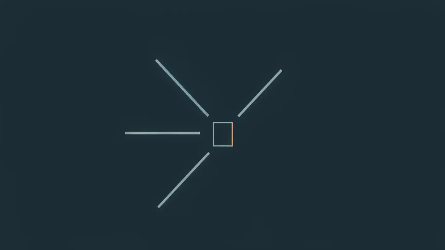 Flat muted navy diagram of short pale lines converging on one small outlined screen, one edge accented in amber