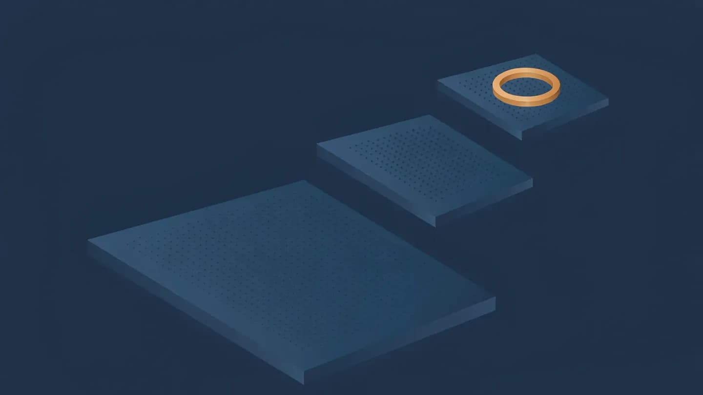 Three nested platforms progress from scattered dots on a wide base to a dense cluster and finally a narrow elevated platform holding one glowing amber ring