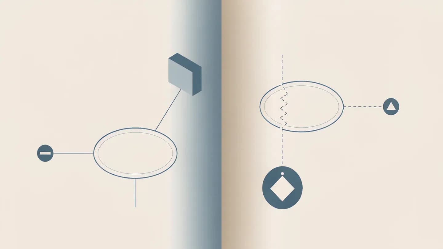 Flat vector comparison of two rights paths, one running continuously from a user to a brand mark and one broken by a dashed gap marked with a warning triangle.