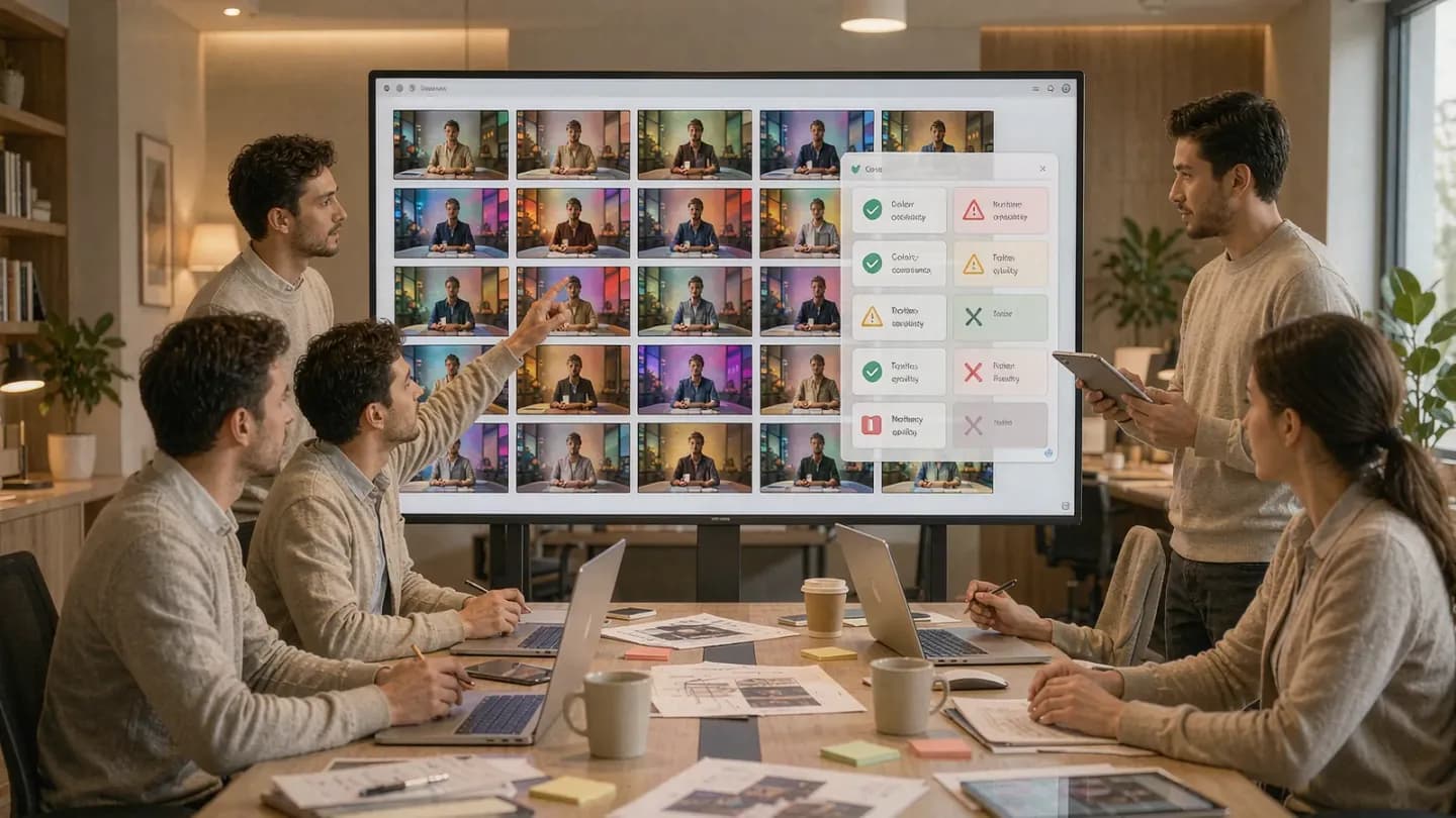 A team reviewing AI video variants against a tolerance and quality checklist