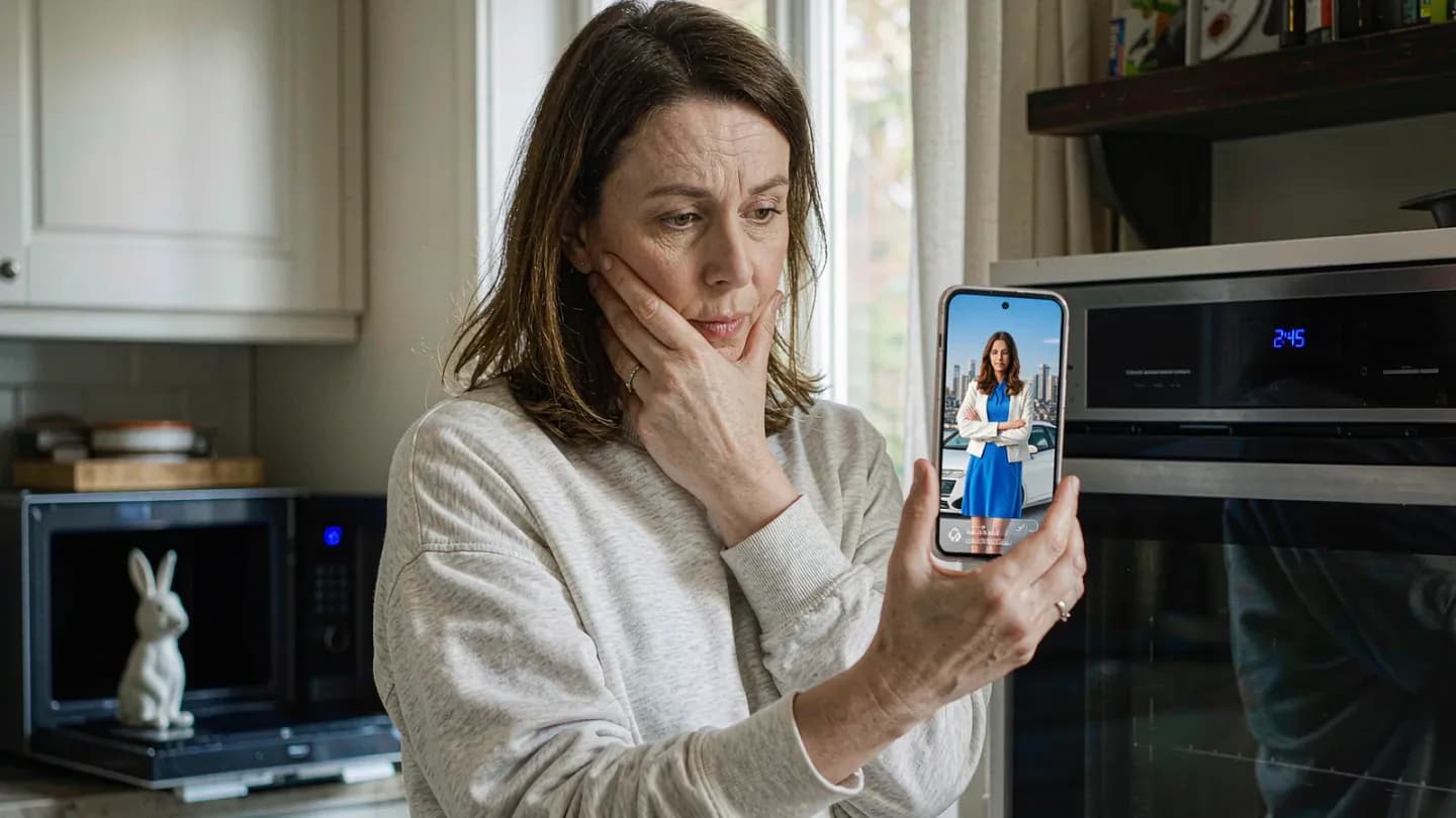 A consumer eyeing an AI-generated brand video on a phone with visible skepticism.