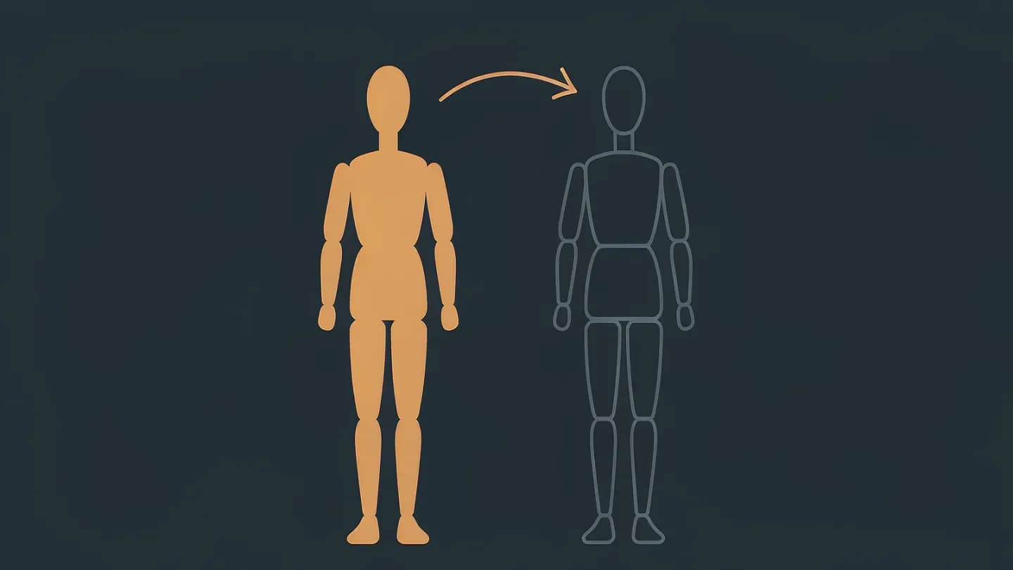 A solid amber mannequin figure flows through a curved arrow into a slate outline copy of the same figure on a dark navy field.