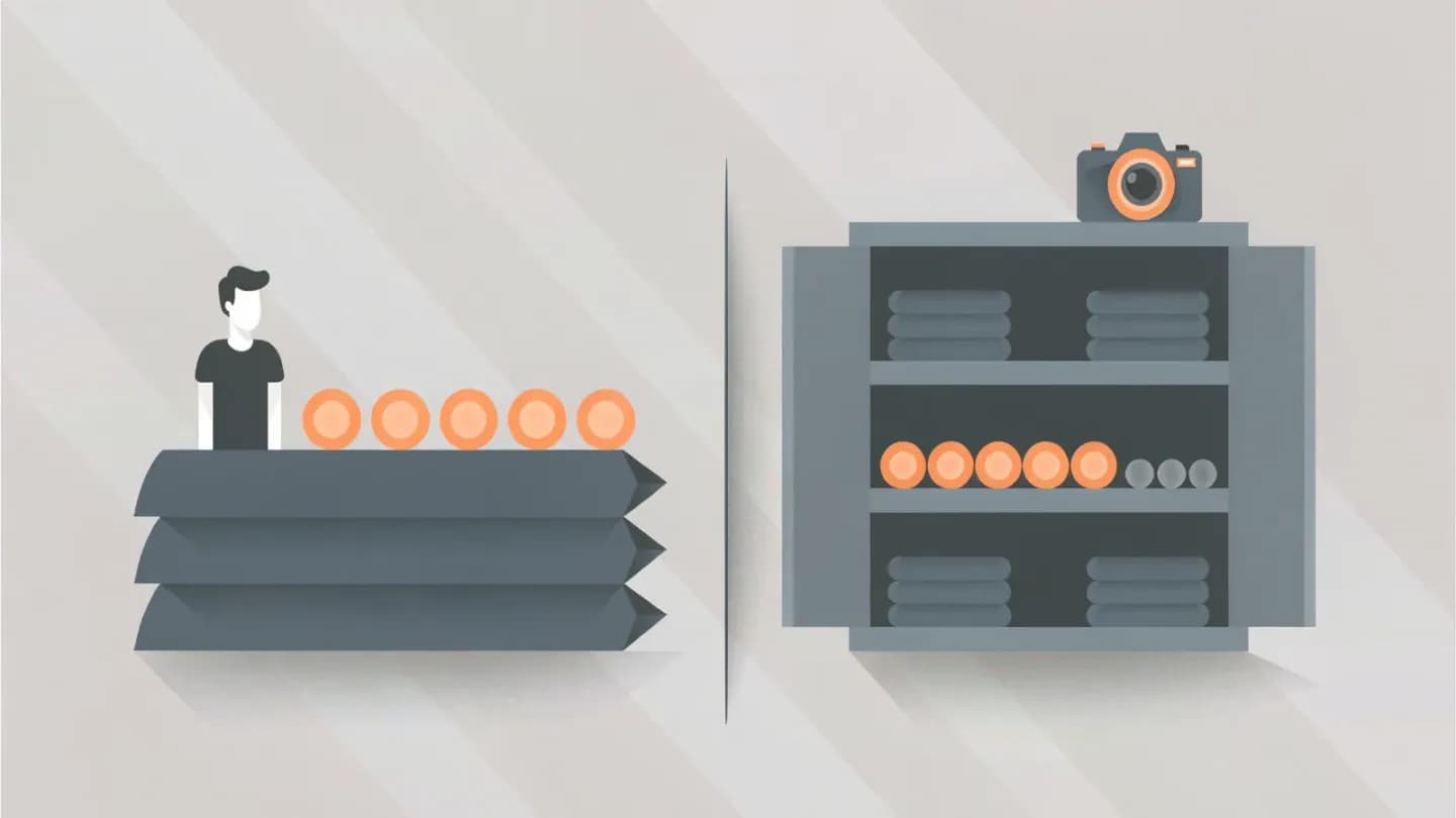 Flat vector diagram contrasting a thin sheet of ordered tick marks with a stacked set of nested trays holding grouped cards and a camera icon