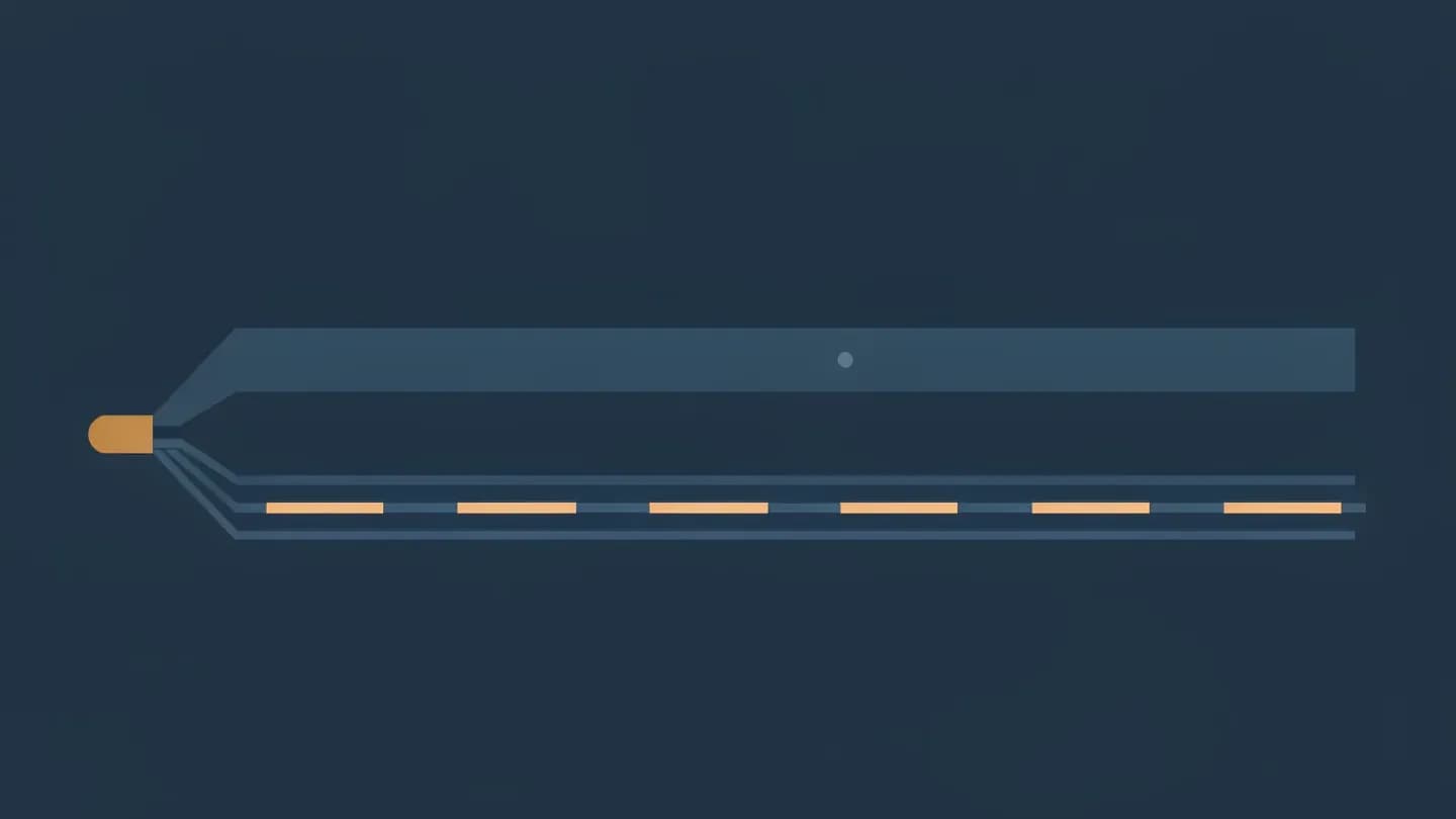 Flat muted navy diagram of two lanes leaving one block, one wide and clear and one narrow crossed by four gates