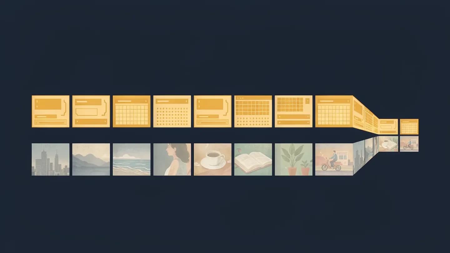 Illustration of two production lanes, geometric code blocks above and soft photographic frames below, merging into one delivery frame on dark navy