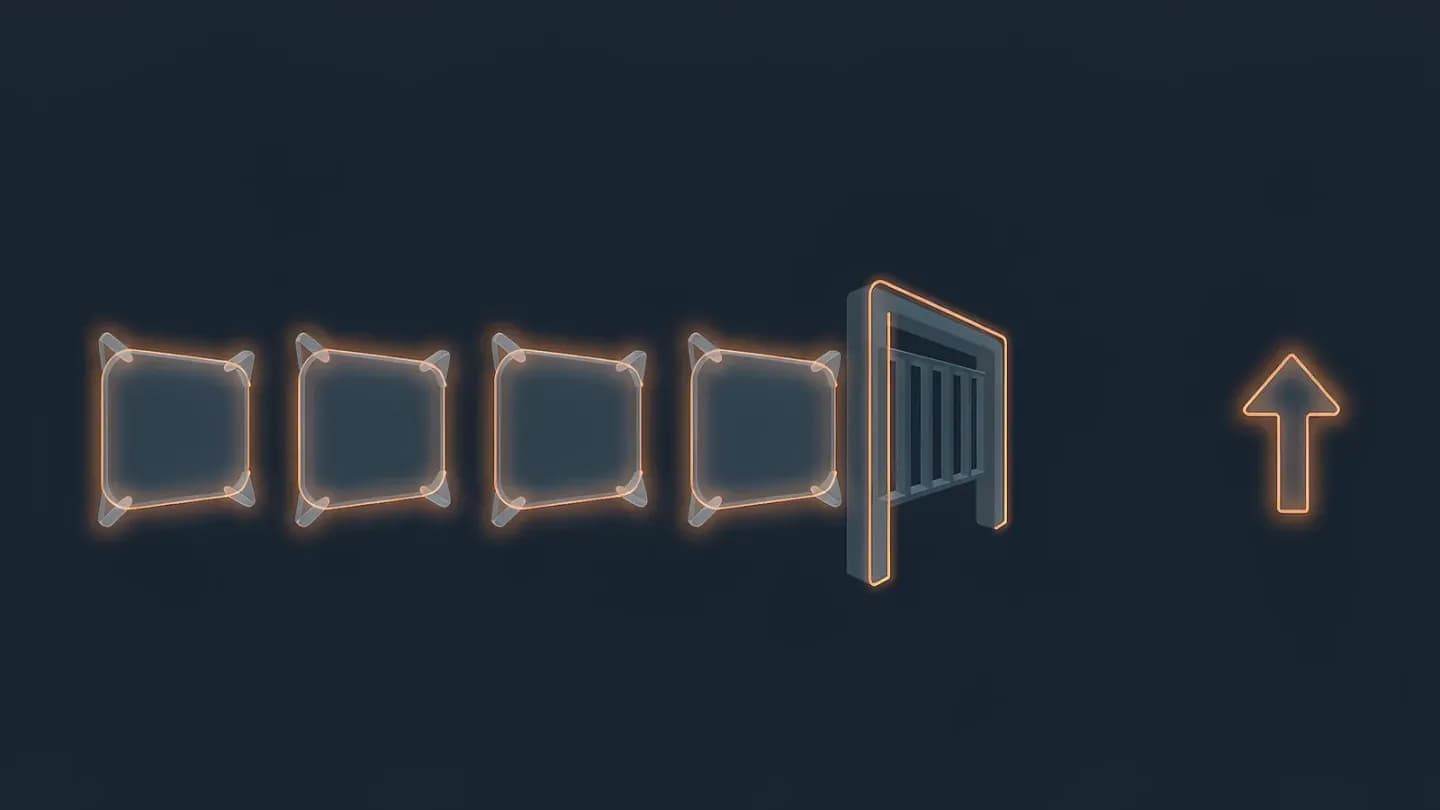 Abstract video frames pass through a luminous checkpoint gate toward a rising arrow as scoring filters creative before the spend