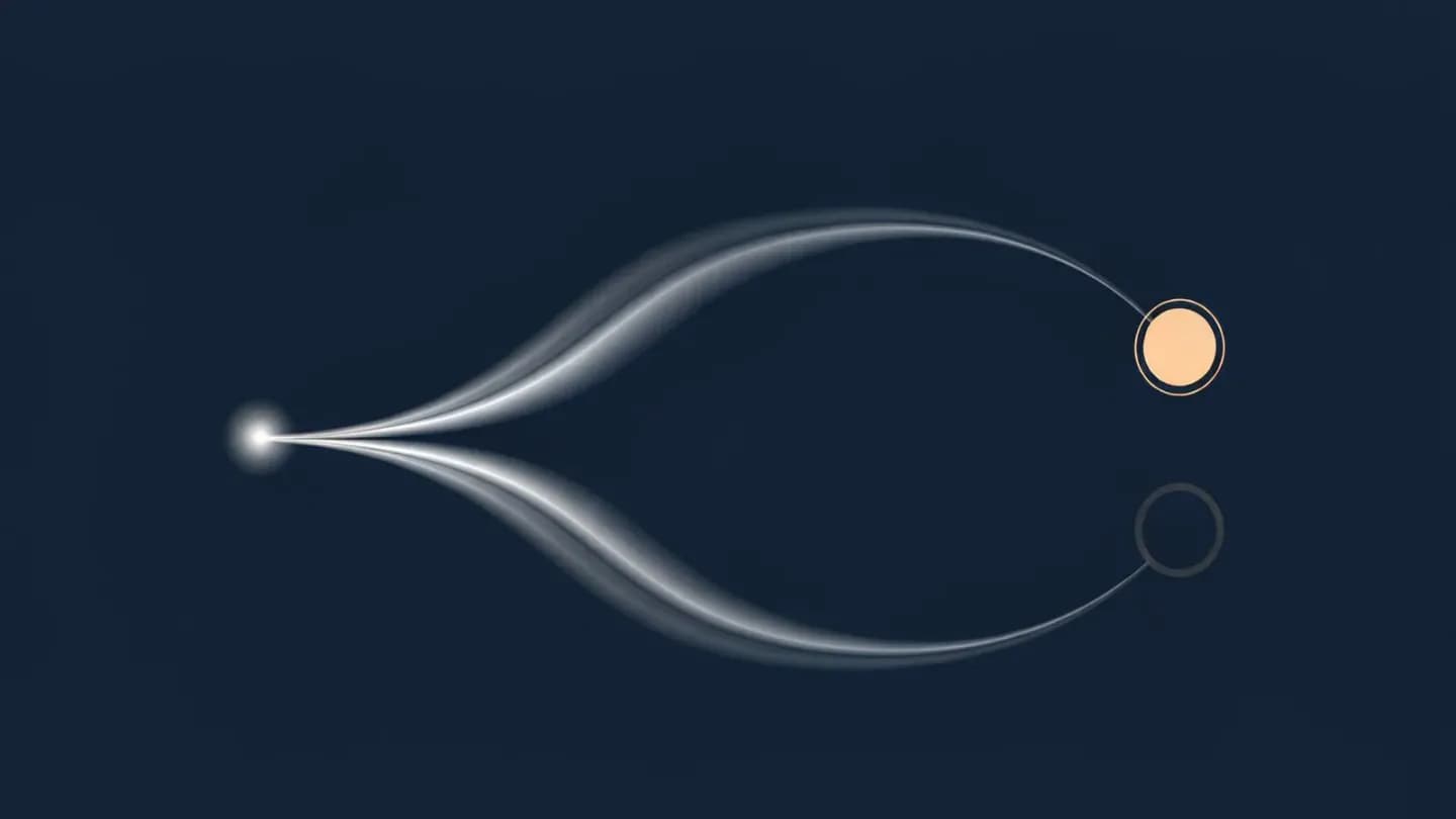 A single node splits into two mirrored paths ending in a solid circle and a hollow circle