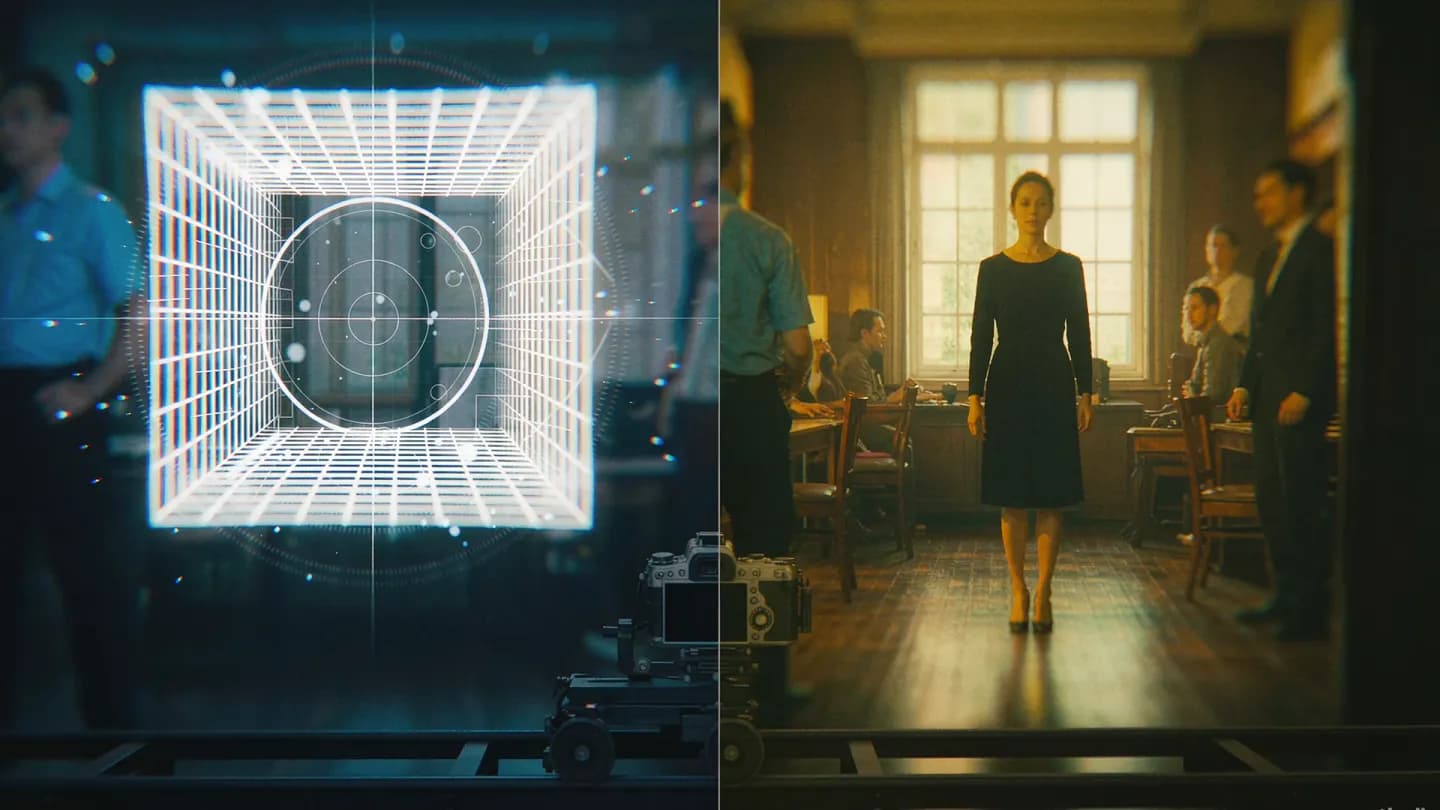 Split-screen of a targeting data grid beside a polished brand video frame