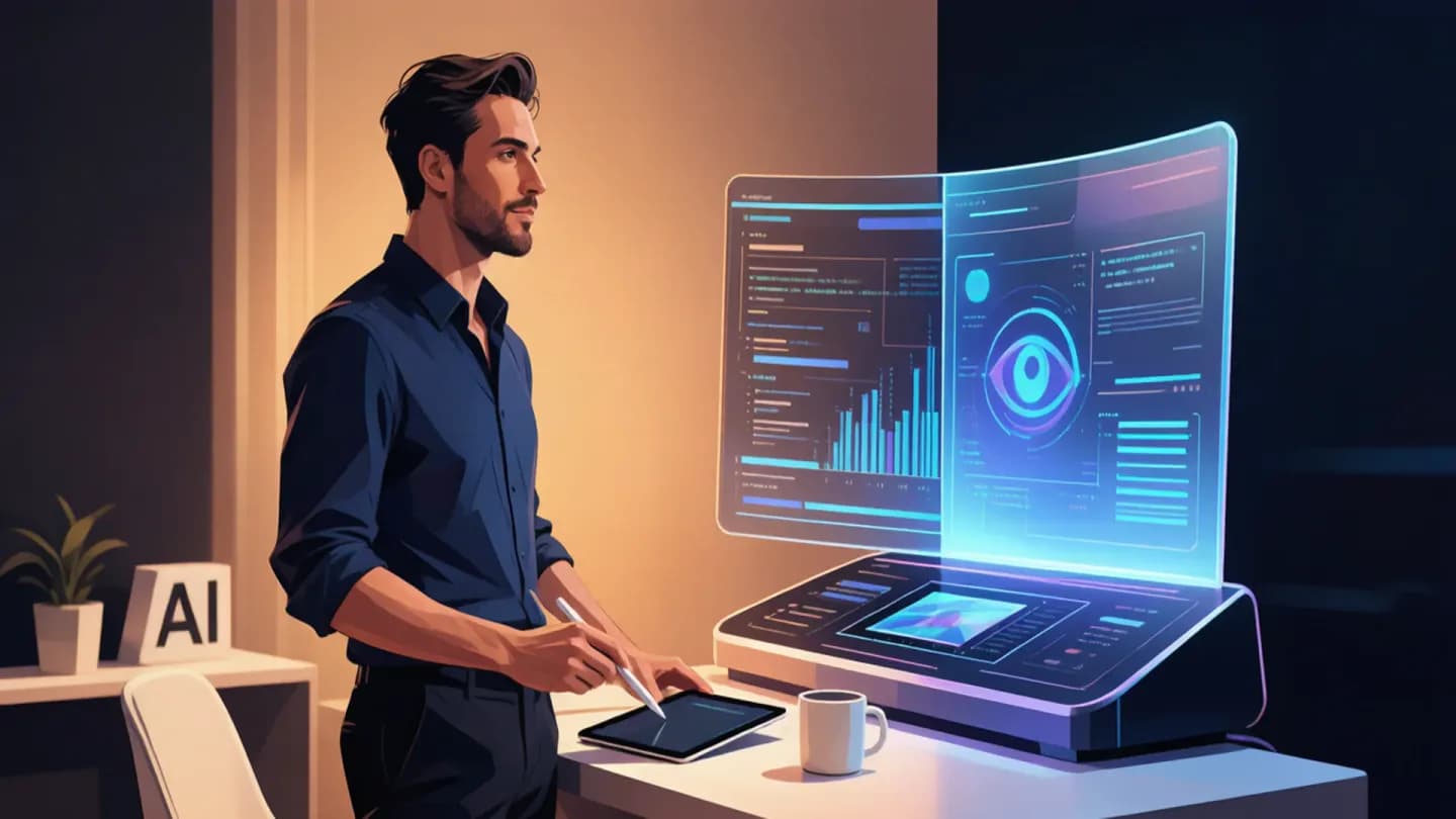 A creative director beside a glowing AI video workstation representing human-led AI video production
