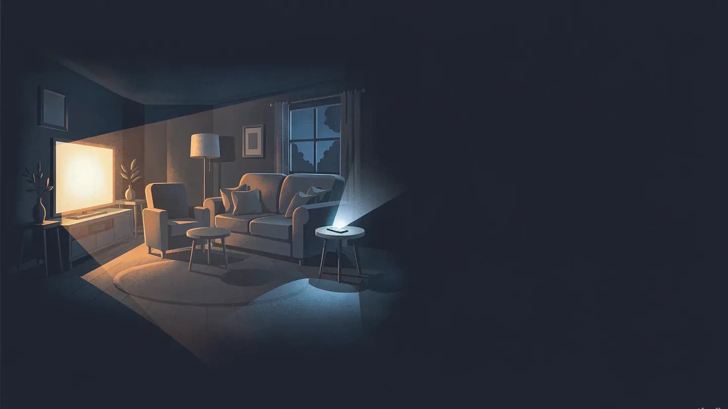 Illustration of a dim living room where a television screen and a phone screen compete as two separate sources of light