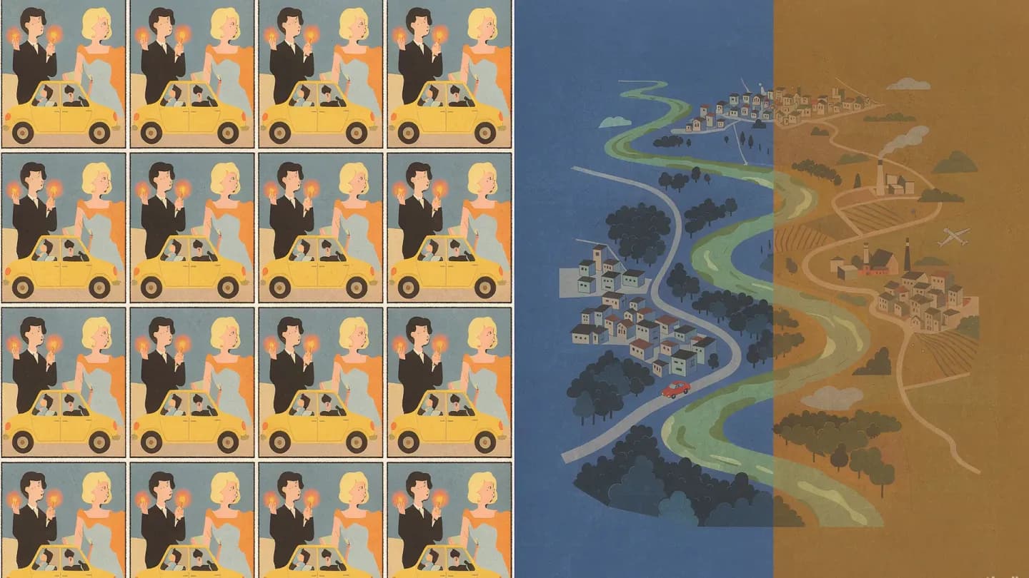 A wall of AI-generated video variants on one side and a single controlled test-and-control experiment map on the other.