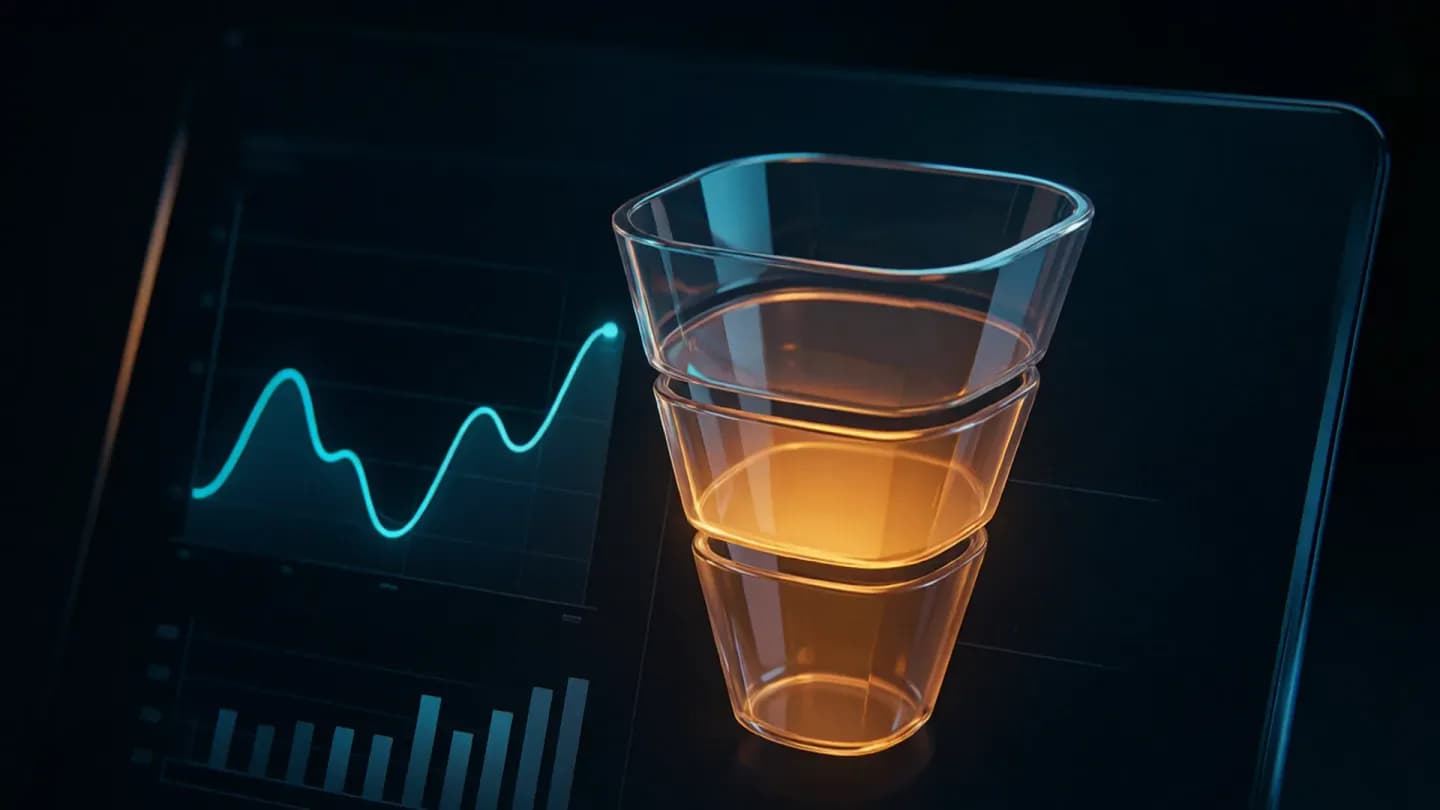 A dark analytics dashboard showing video KPIs flowing into a revenue funnel.