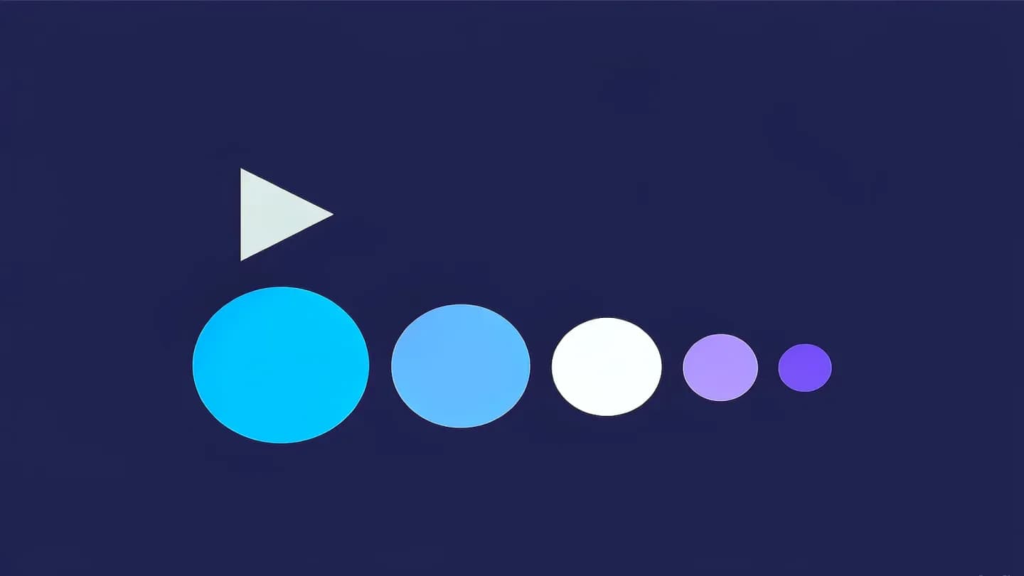 A row of five circles decreasing in size with a small play button above the largest, on a deep navy field