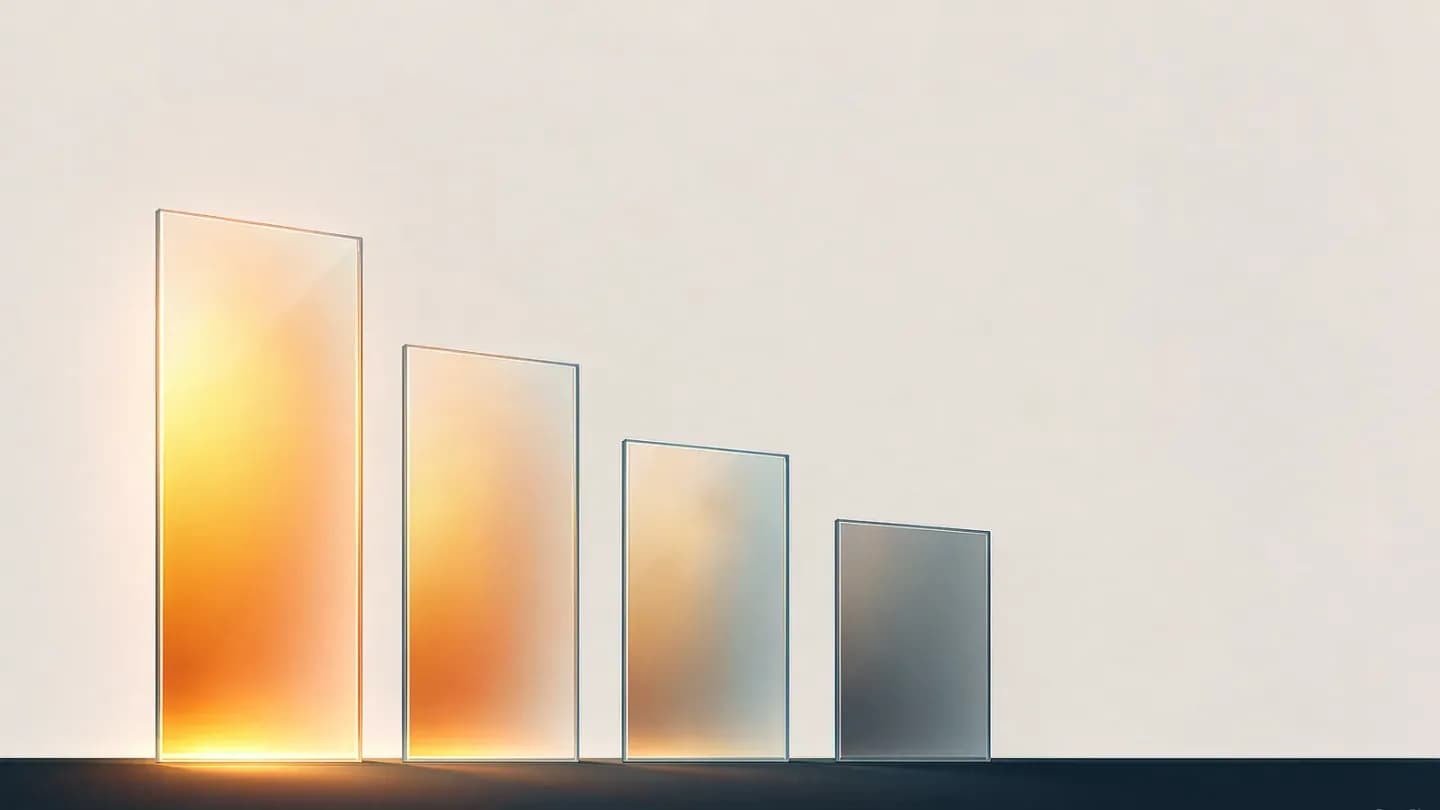 Four tall glass panels glowing amber at descending brightness, standing on a dark navy floor against a pale sky
