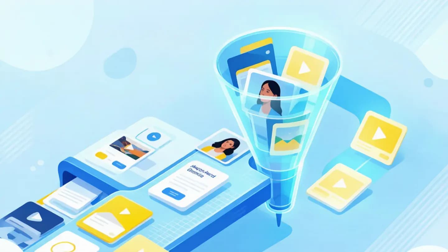 An isometric conveyor belt feeding many AI video creatives into a funnel, with most discarded and a few rising as winners.