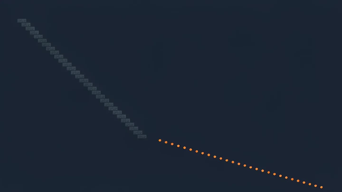 A flat diagram showing a rising staircase of video frames on the left diverging from a descending line of shrinking coins on the right