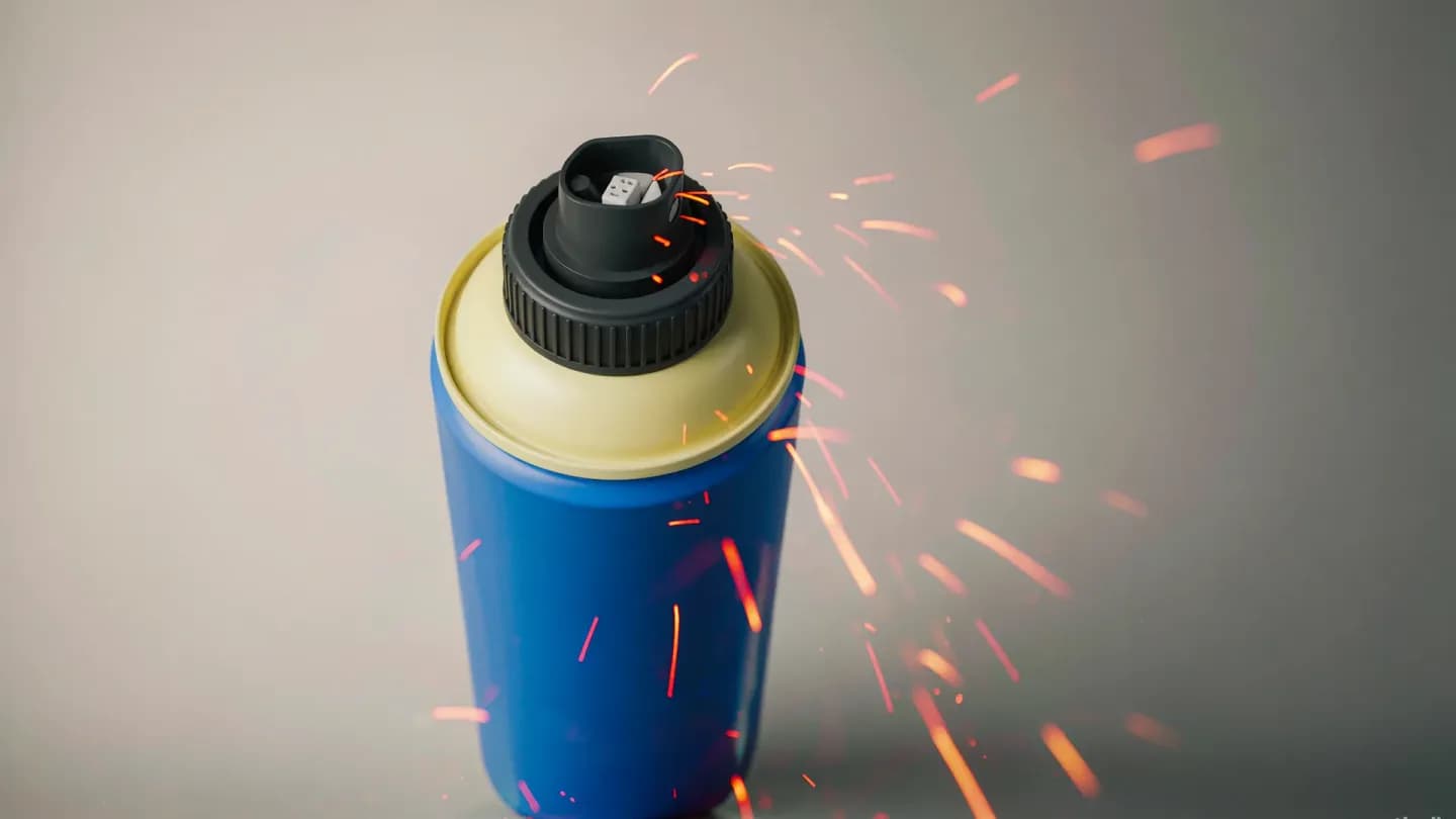 Cinematic product shot of a blue and yellow aerosol can on a reflective surface.