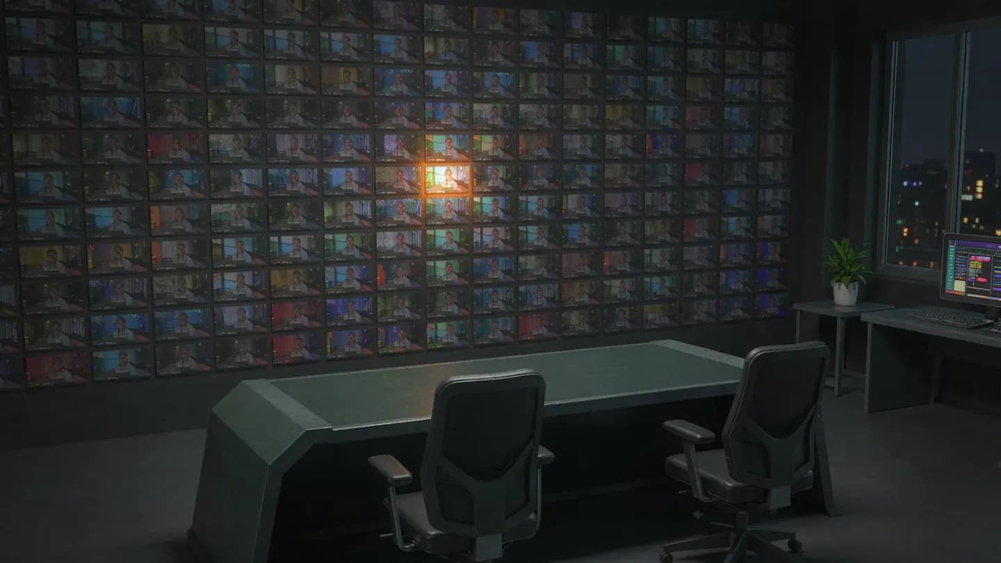 A wall of video thumbnail variants with one glowing as the winning cut