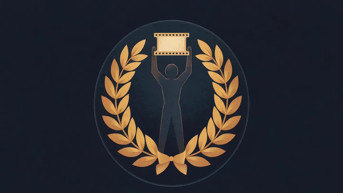 Flat illustration of a laurel plaque with a simple human figure holding a film frame, warm amber laurel on a deep navy background