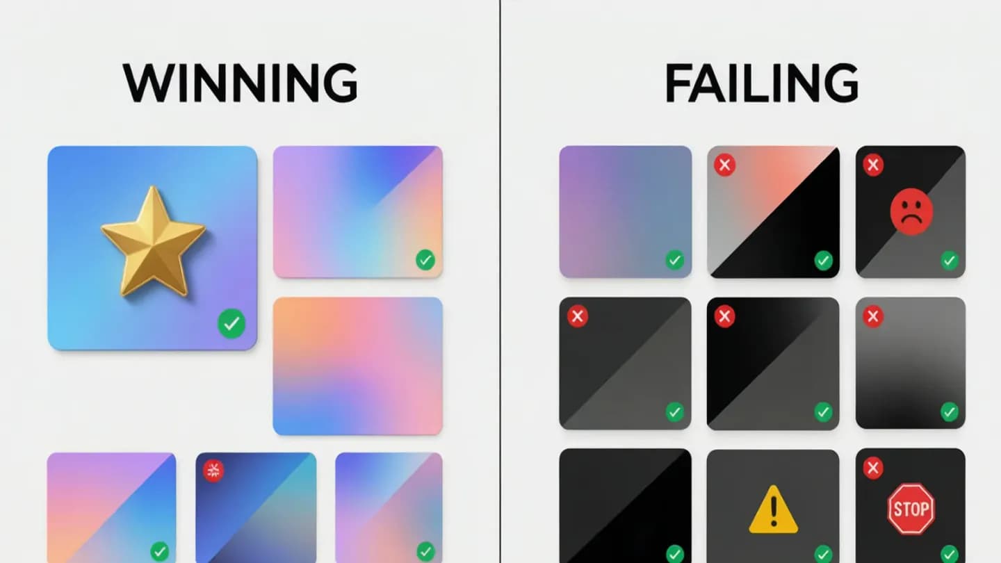 A grid of AI video ad thumbnails where only one carries a gold star while the rest are greyed out as losers.